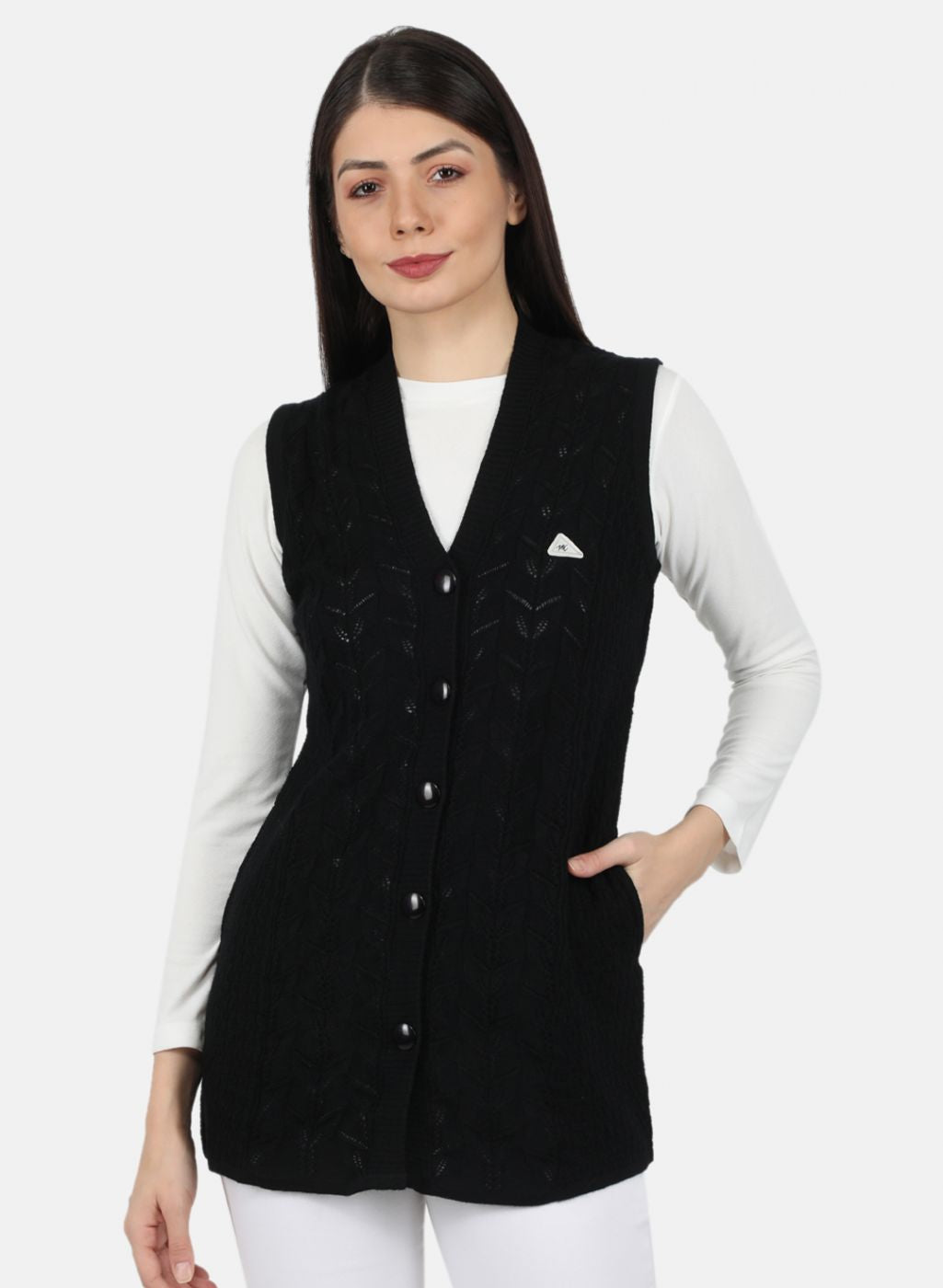 Women Black Self Design Cardigan