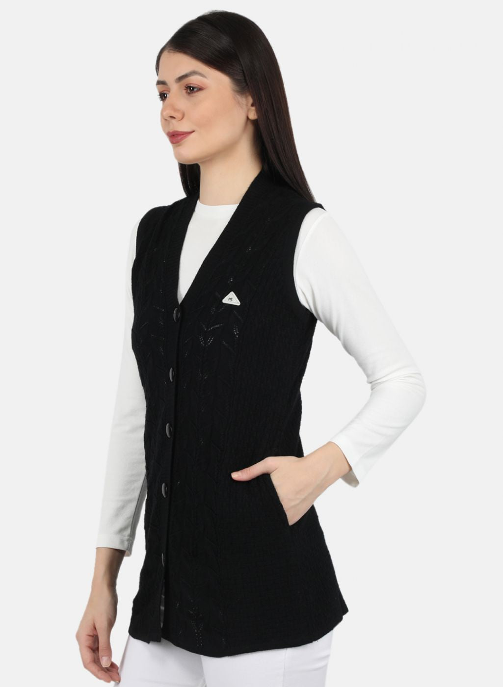 Women Black Self Design Cardigan