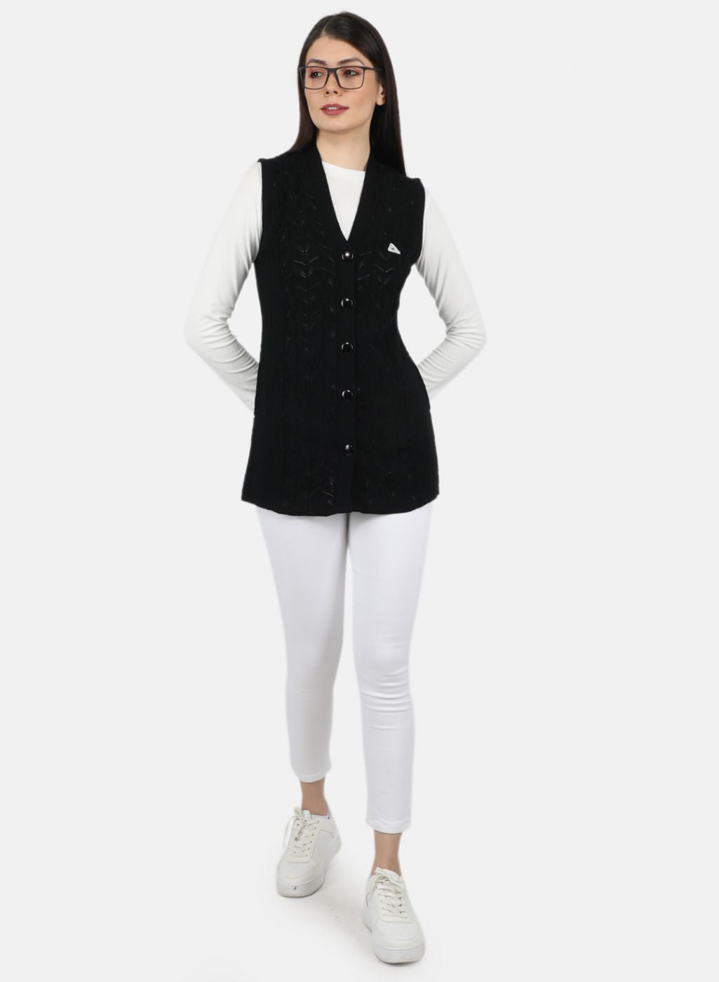 Women Black Self Design Cardigan