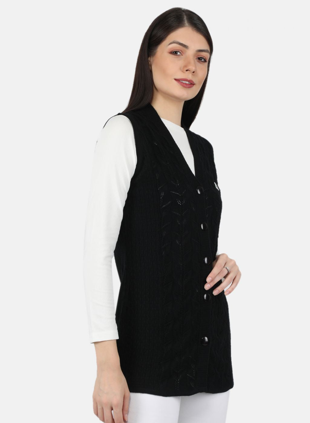 Women Black Self Design Cardigan