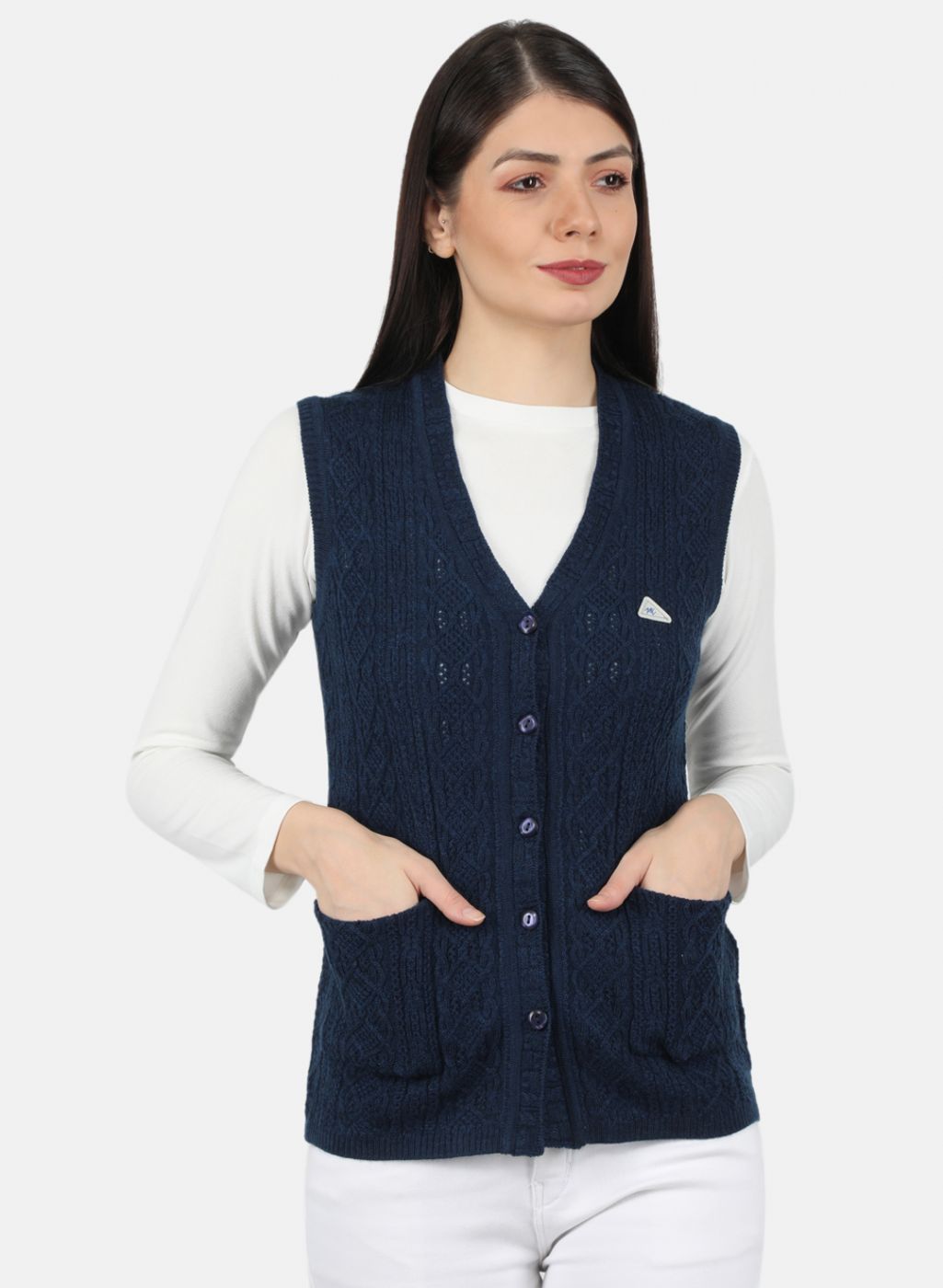 Women Navy Blue Self Design Cardigan