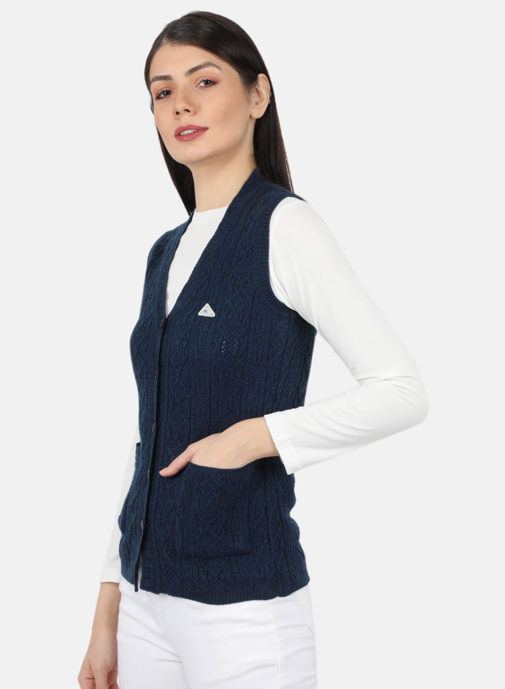 Women Navy Blue Self Design Cardigan