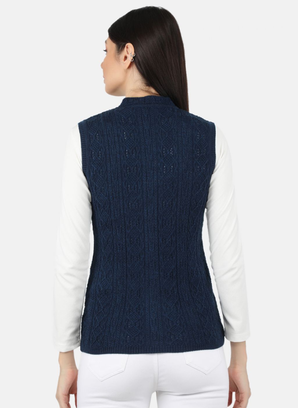 Women Navy Blue Self Design Cardigan