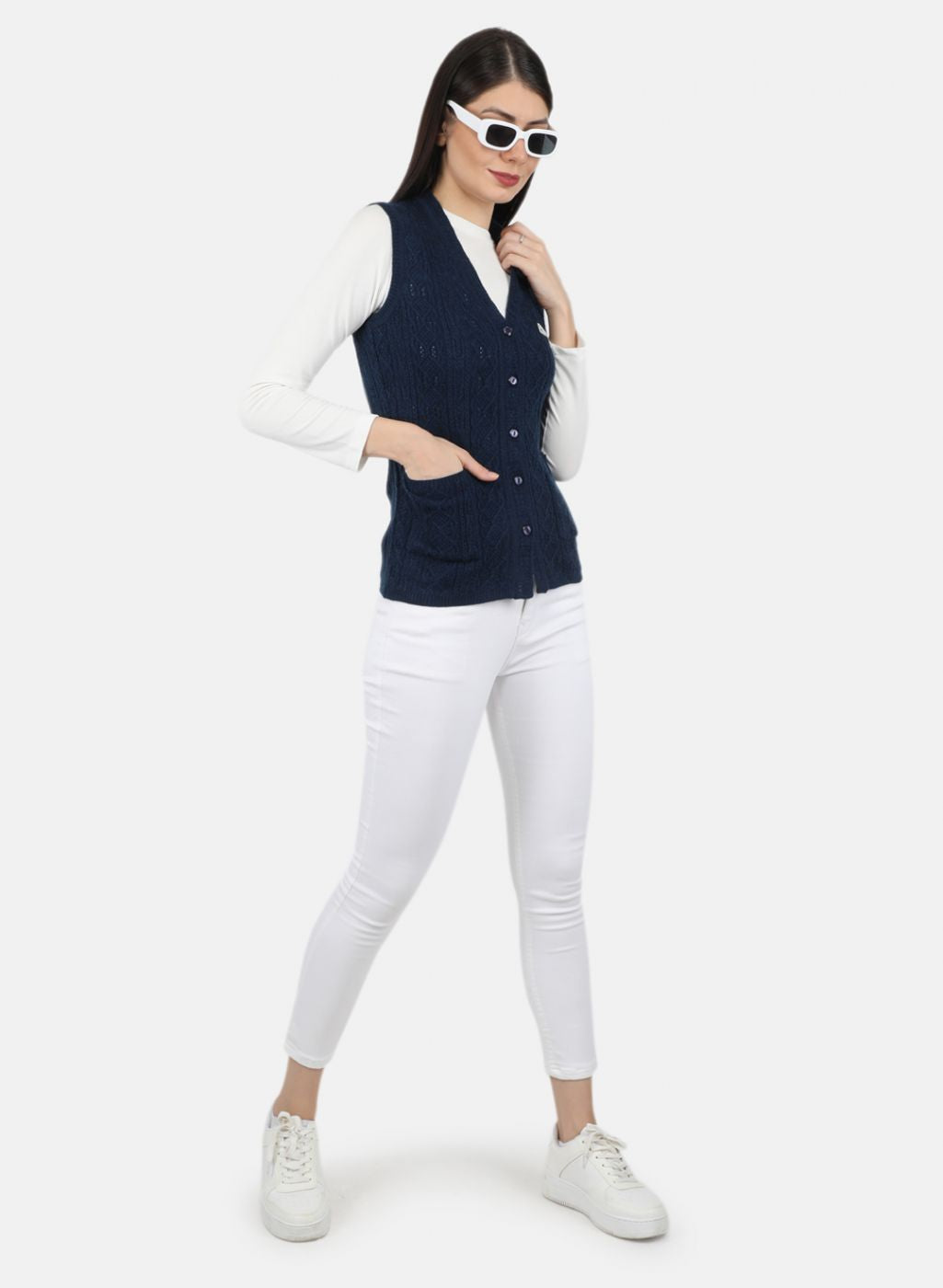 Women Navy Blue Self Design Cardigan