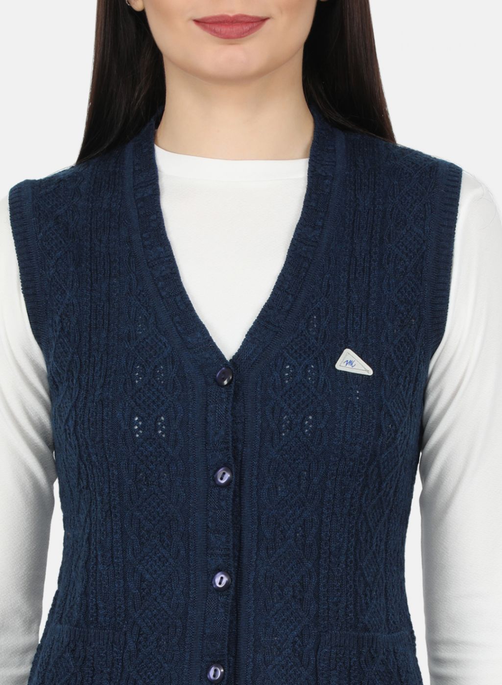 Women Navy Blue Self Design Cardigan