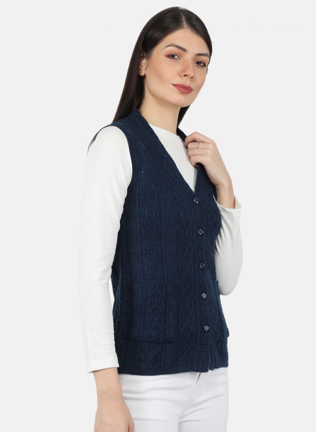 Women Navy Blue Self Design Cardigan