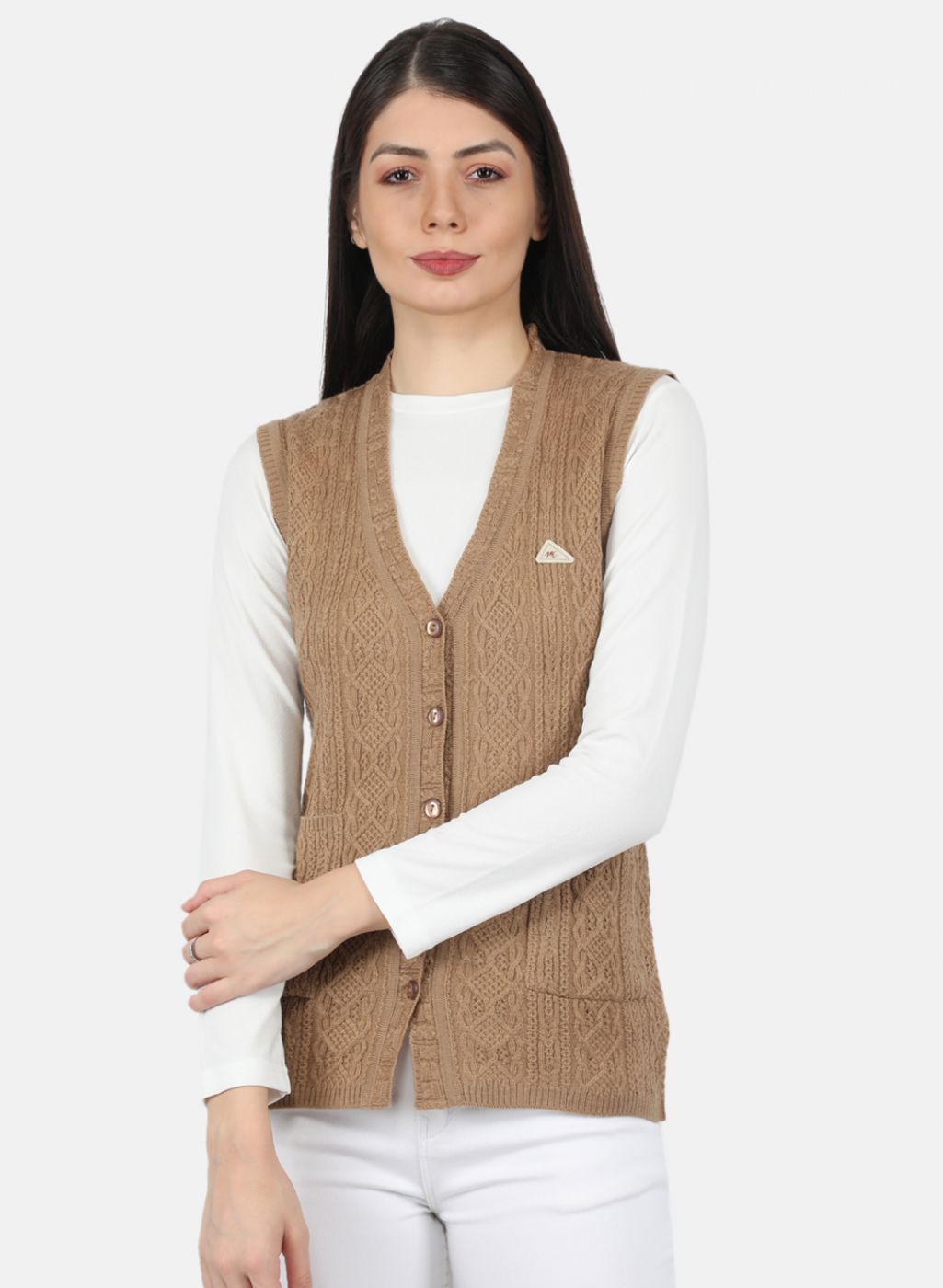 Women Beige Self Design Cardigan