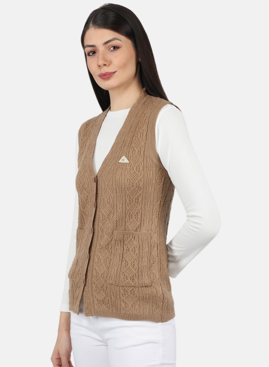 Women Beige Self Design Cardigan