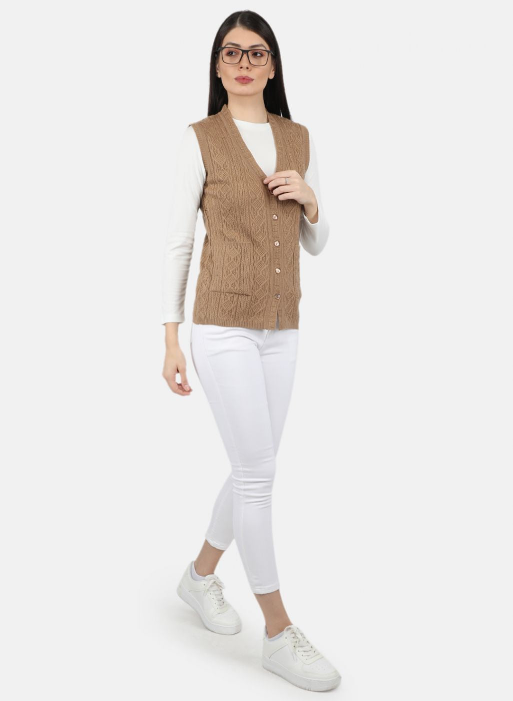 Women Beige Self Design Cardigan