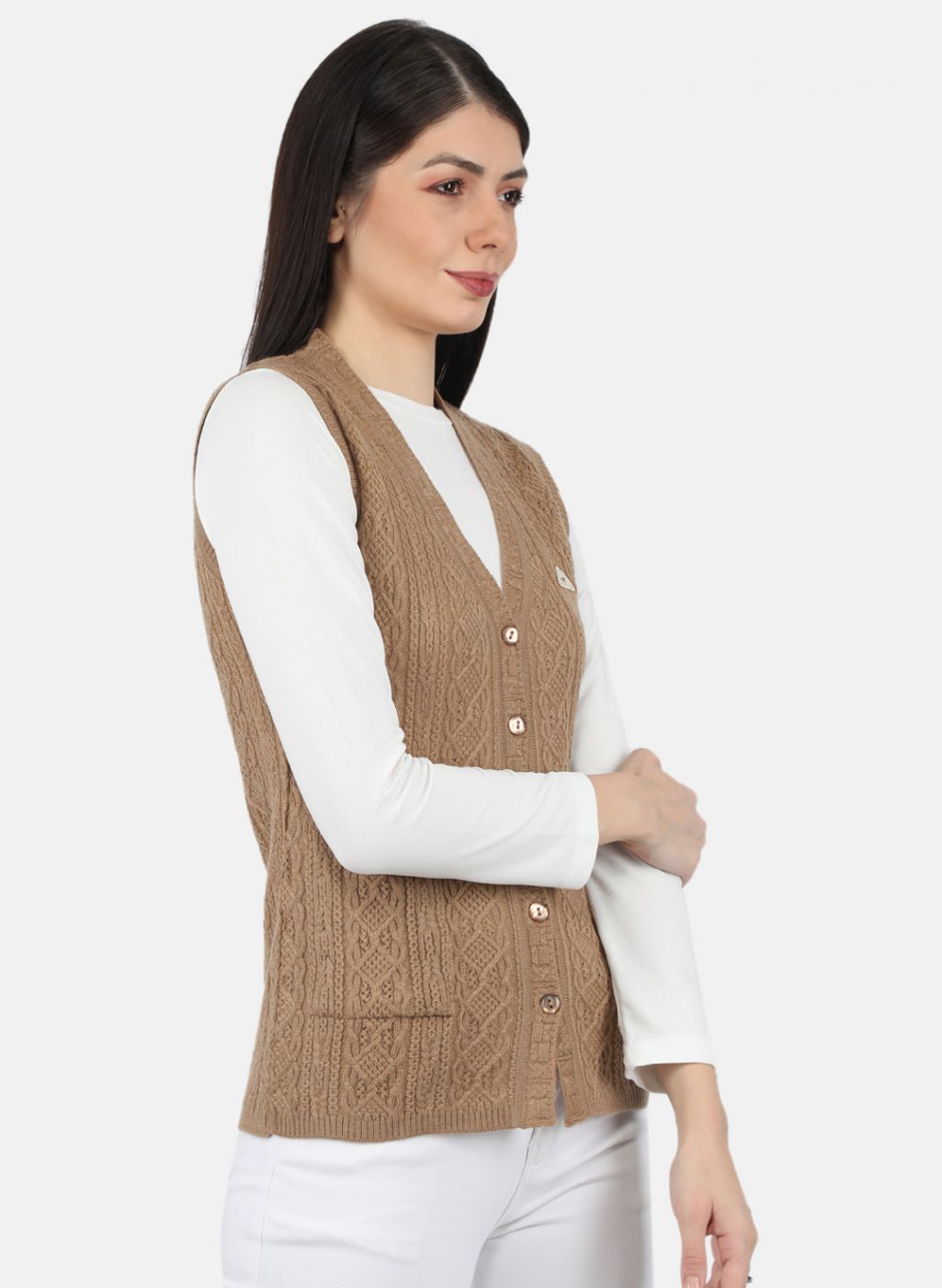 Women Beige Self Design Cardigan