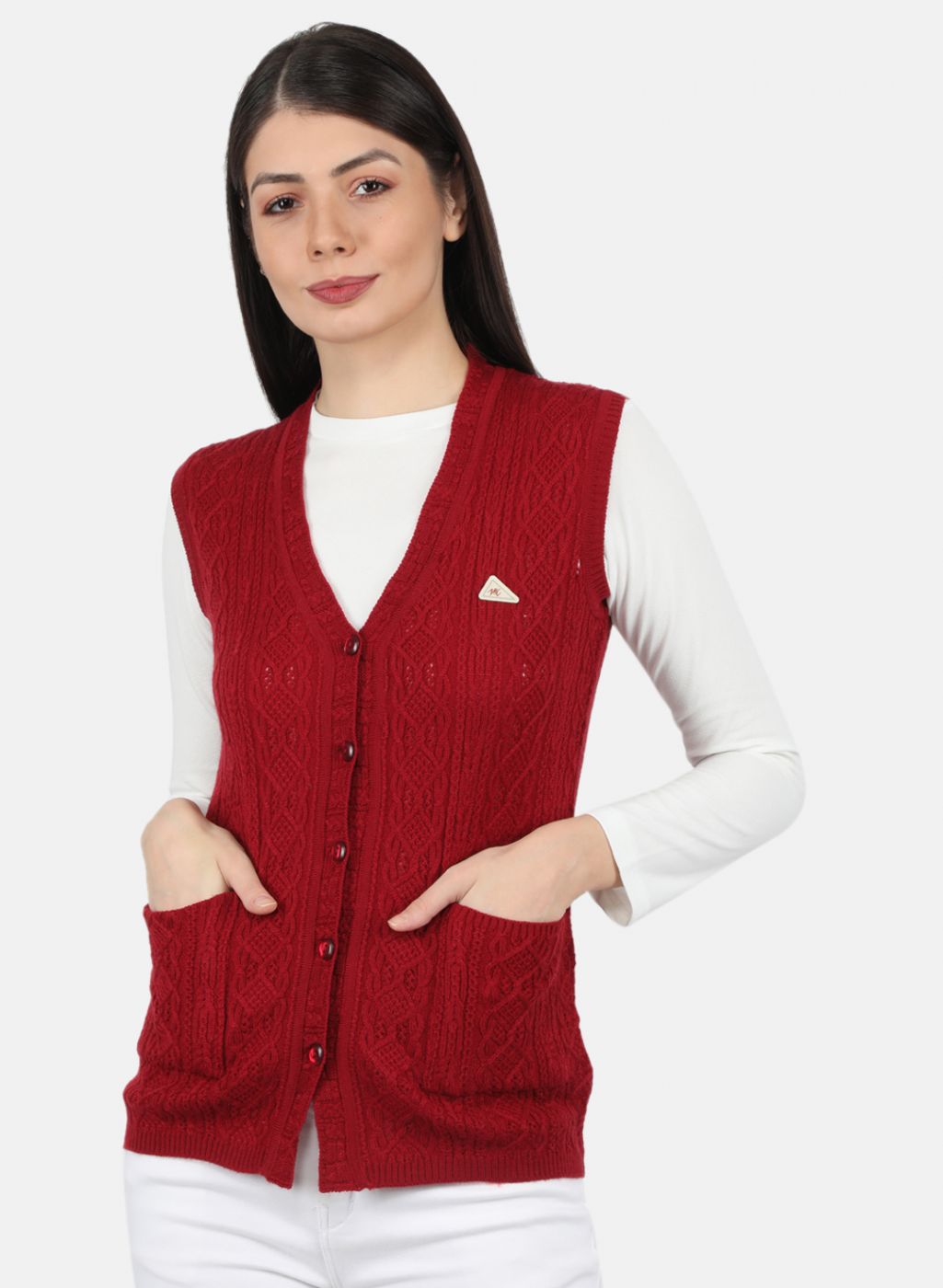 Women Maroon Self Design Cardigan