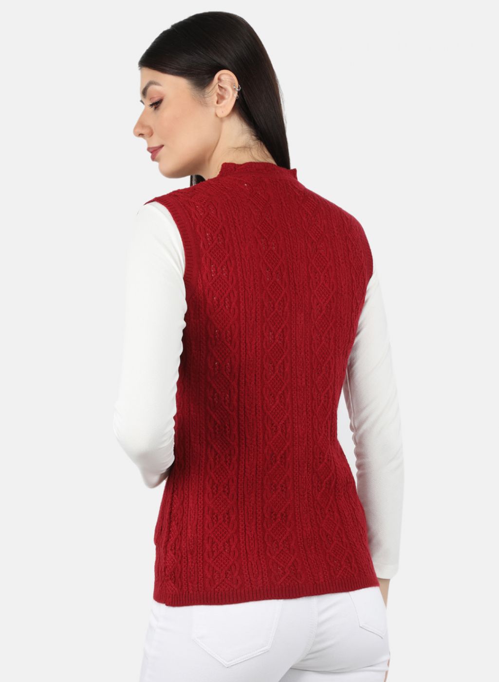 Women Maroon Self Design Cardigan