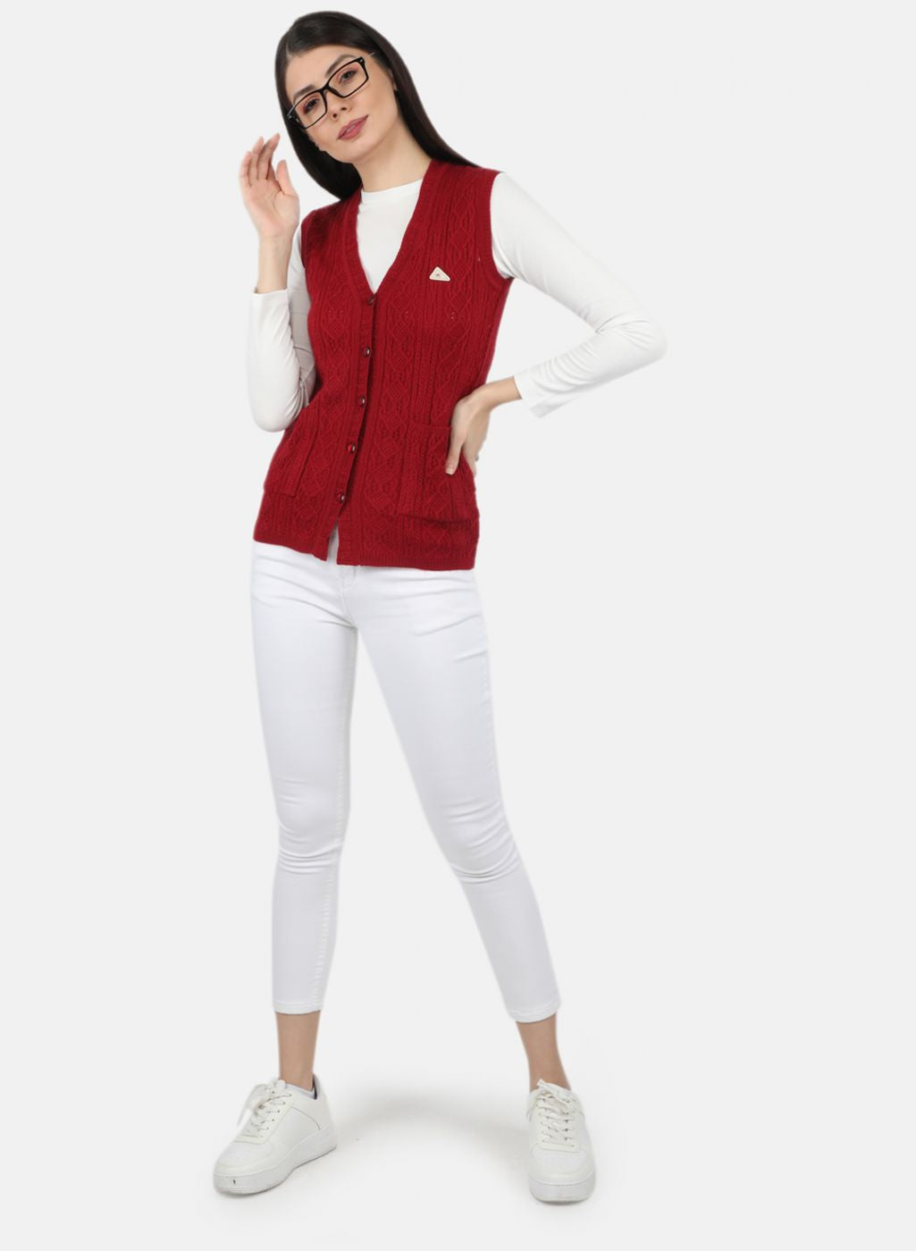 Women Maroon Self Design Cardigan