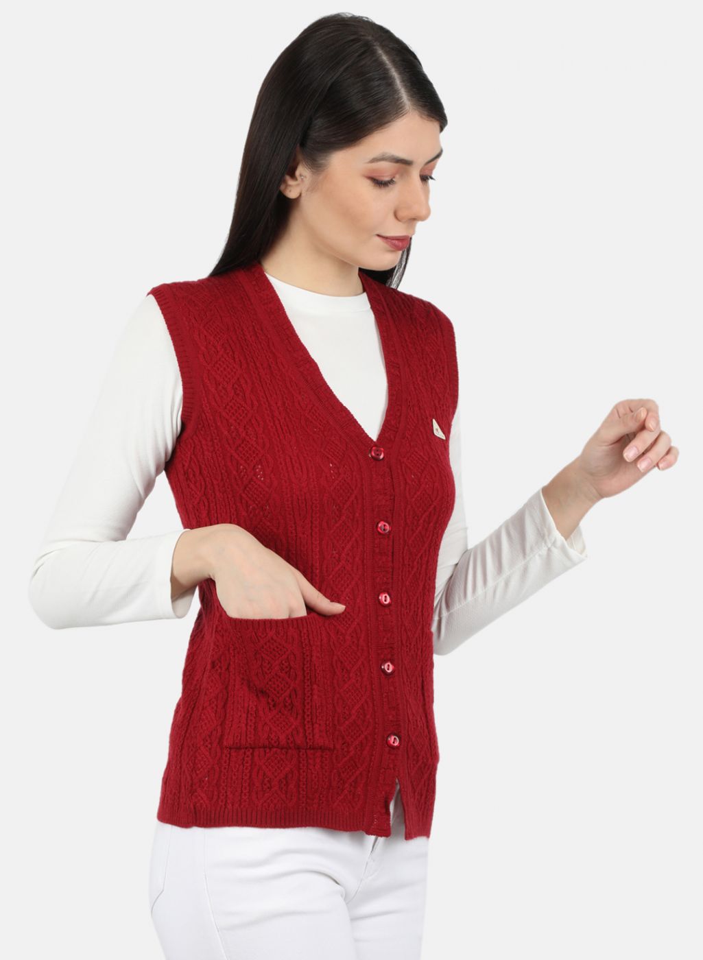 Women Maroon Self Design Cardigan