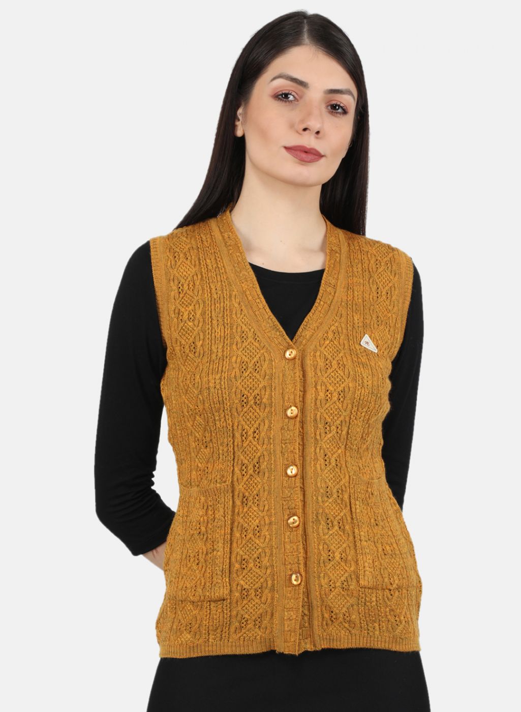 Women Yellow Self Design Cardigan