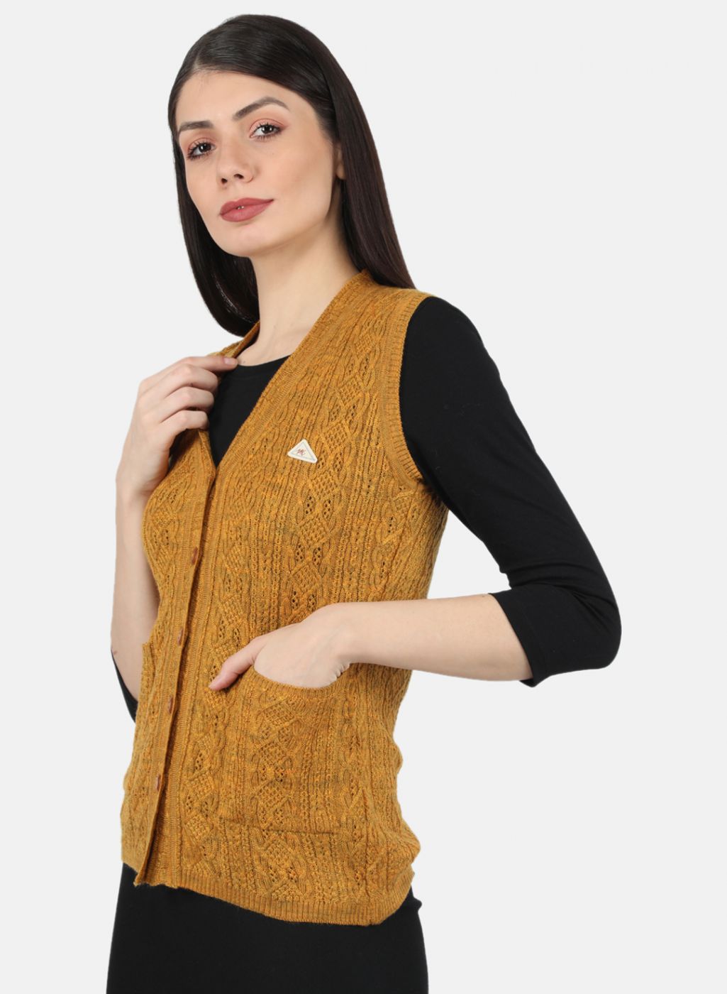 Women Yellow Self Design Cardigan