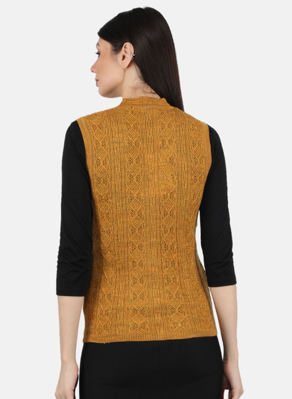 Women Yellow Self Design Cardigan