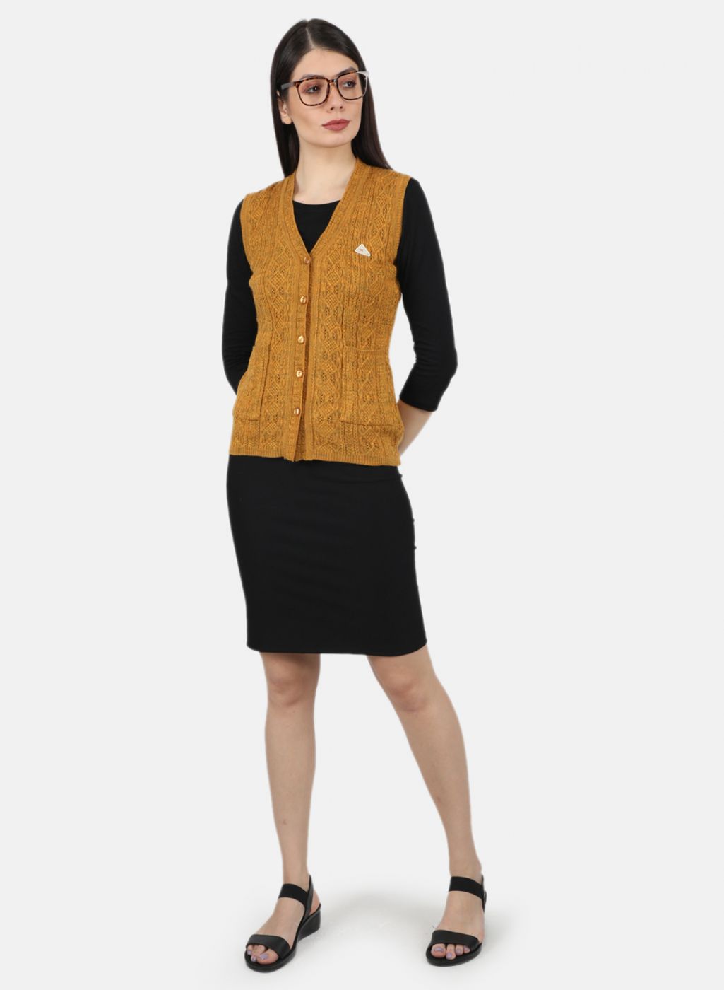 Women Yellow Self Design Cardigan