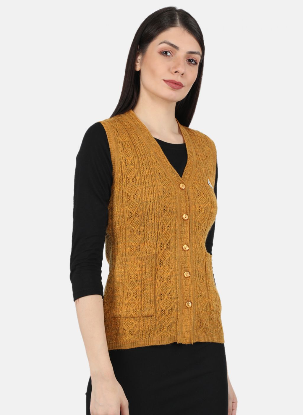 Women Yellow Self Design Cardigan