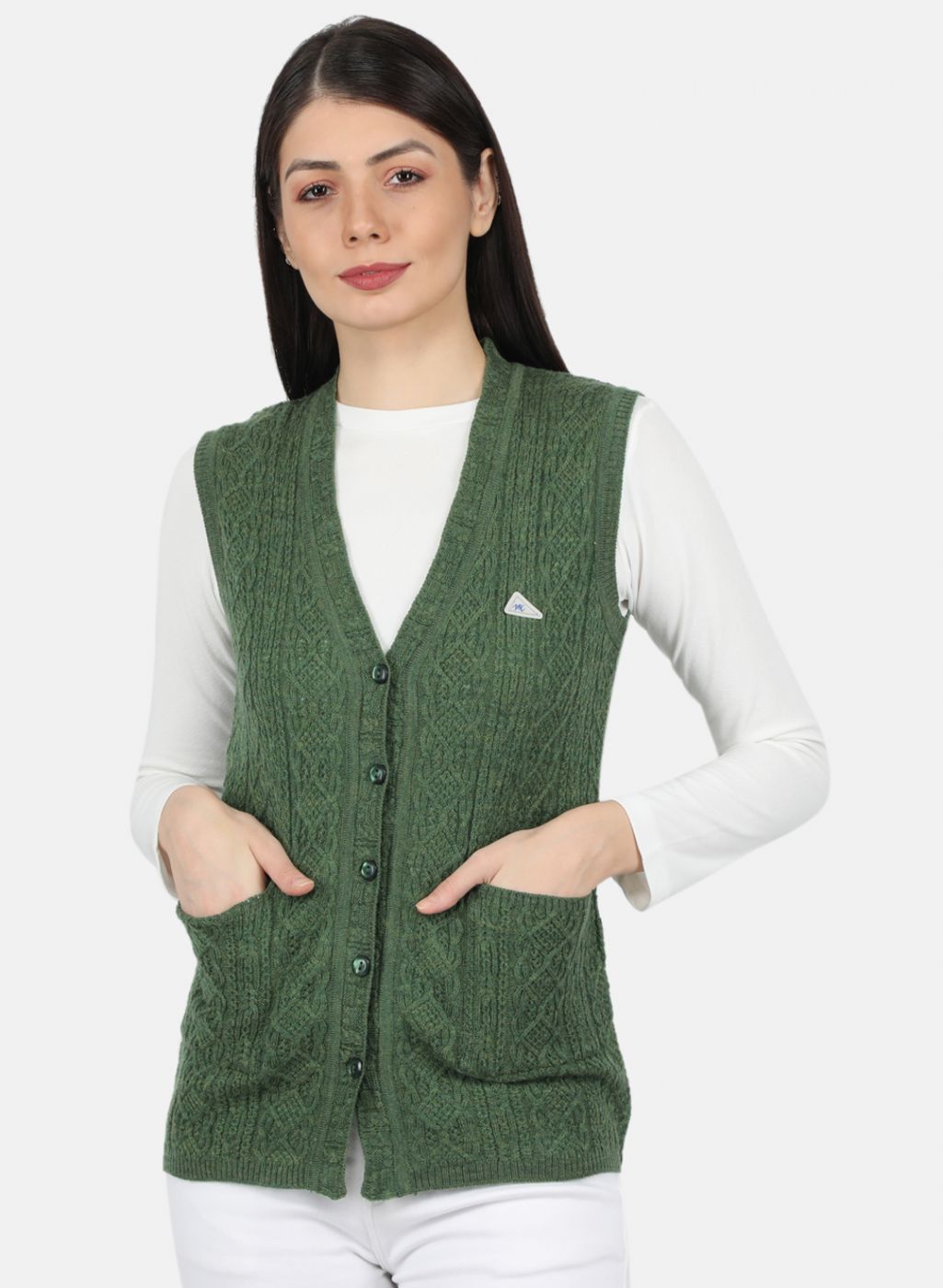 Women Olive Self Design Cardigan