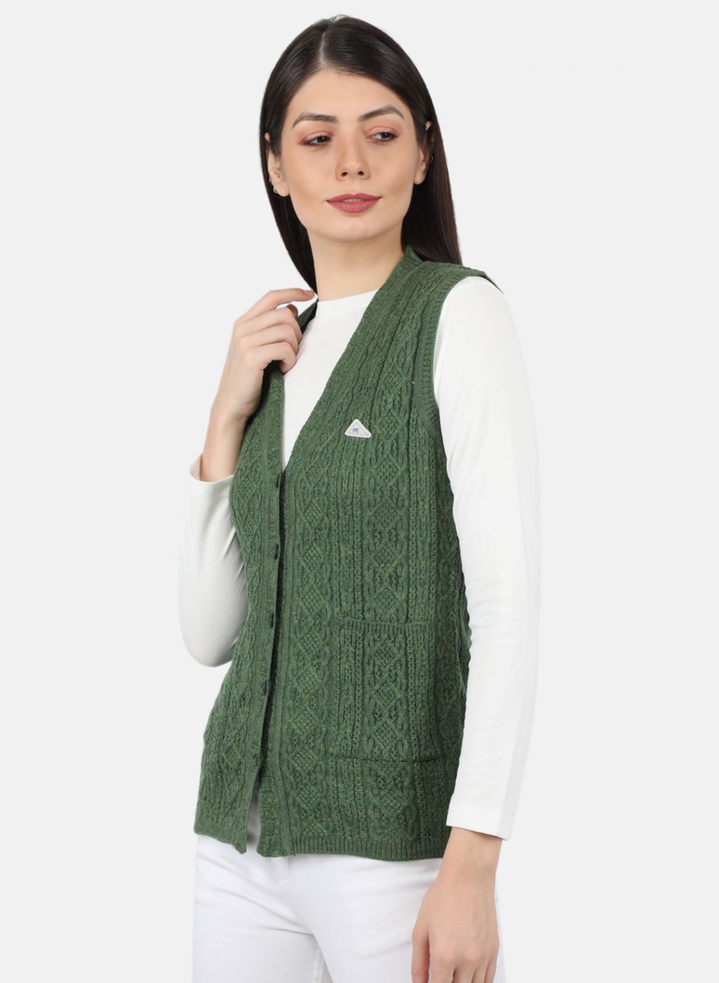 Women Olive Self Design Cardigan