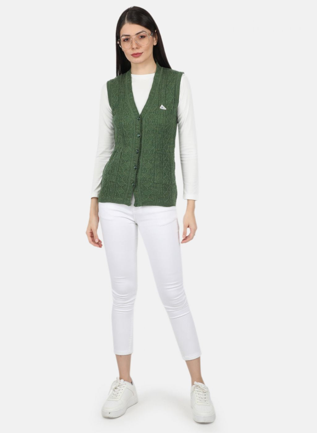 Women Olive Self Design Cardigan