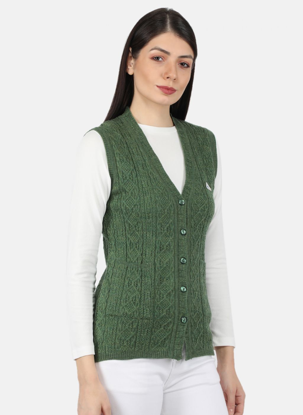 Women Olive Self Design Cardigan