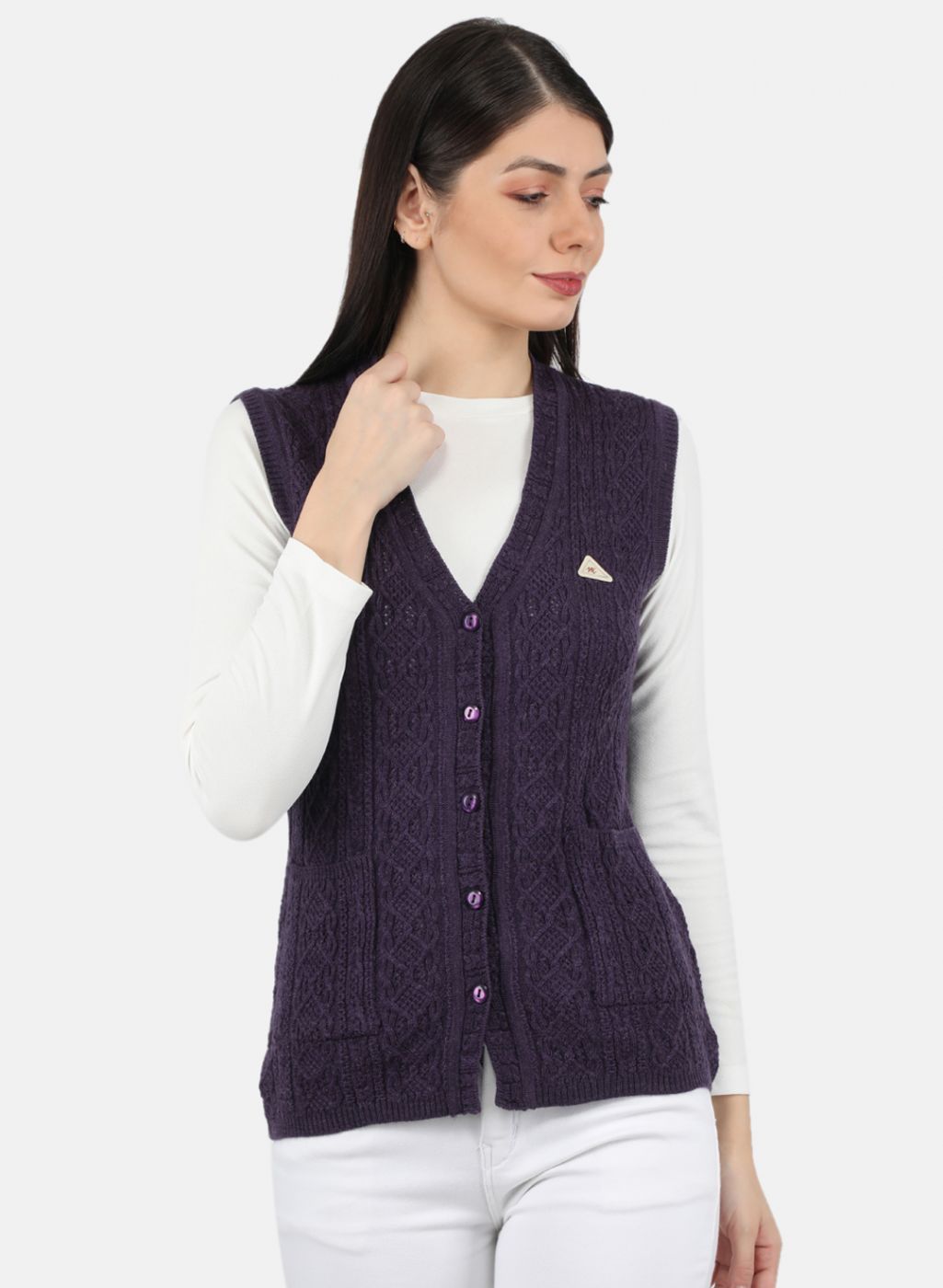 Women Purple Self Design Cardigan