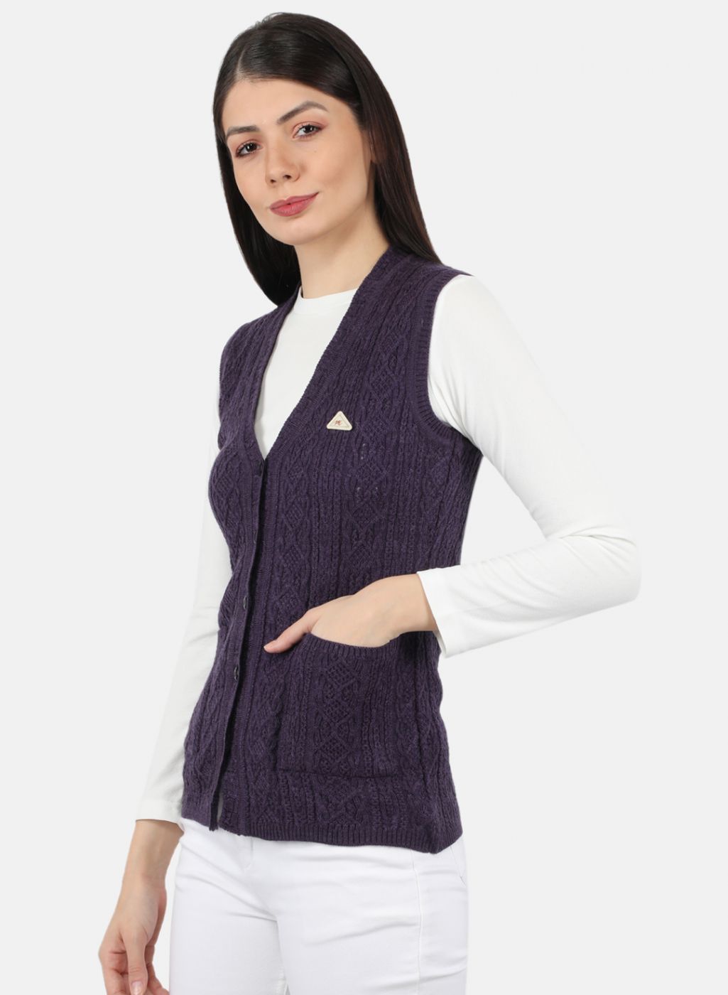 Women Purple Self Design Cardigan