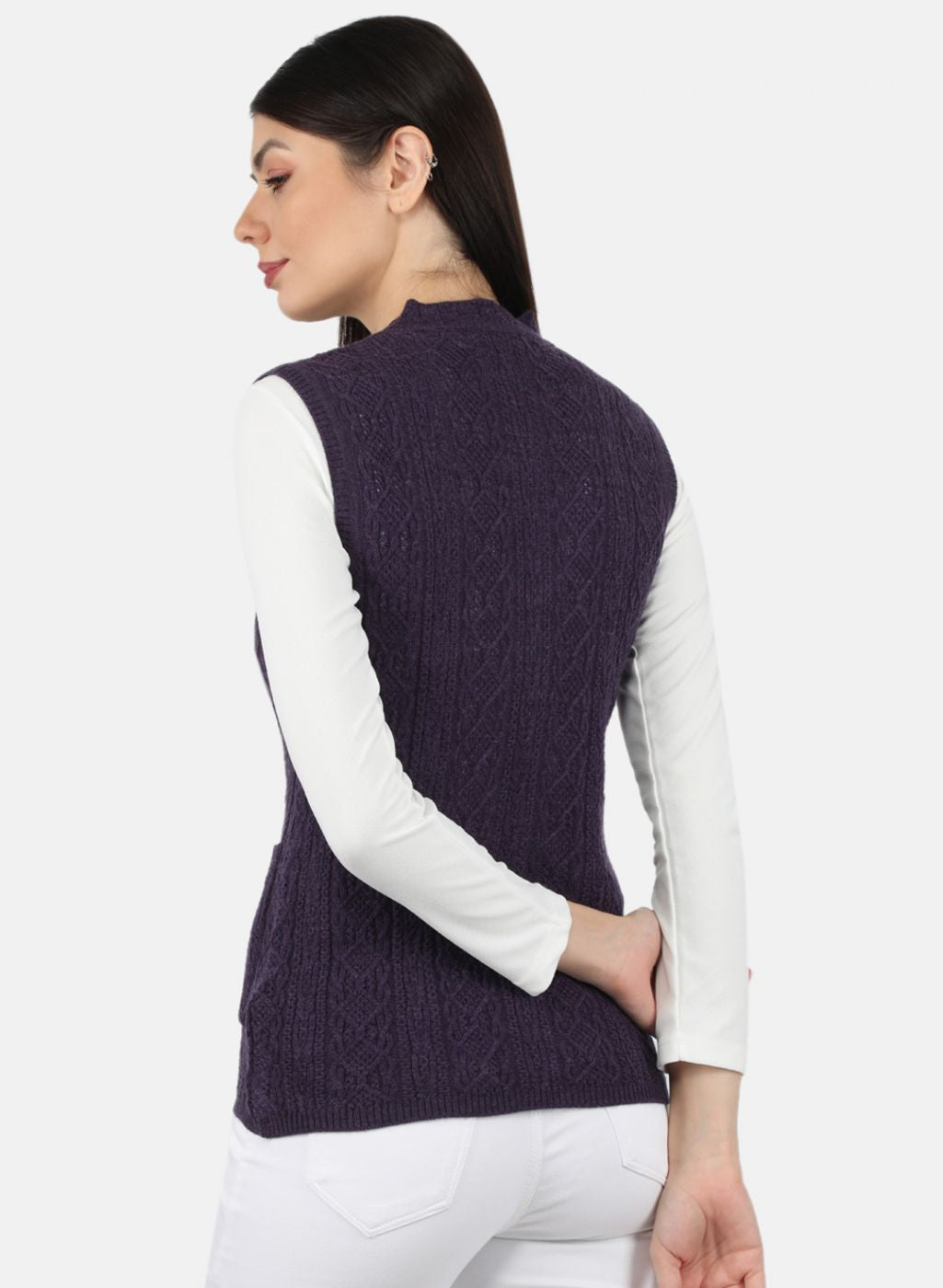 Women Purple Self Design Cardigan