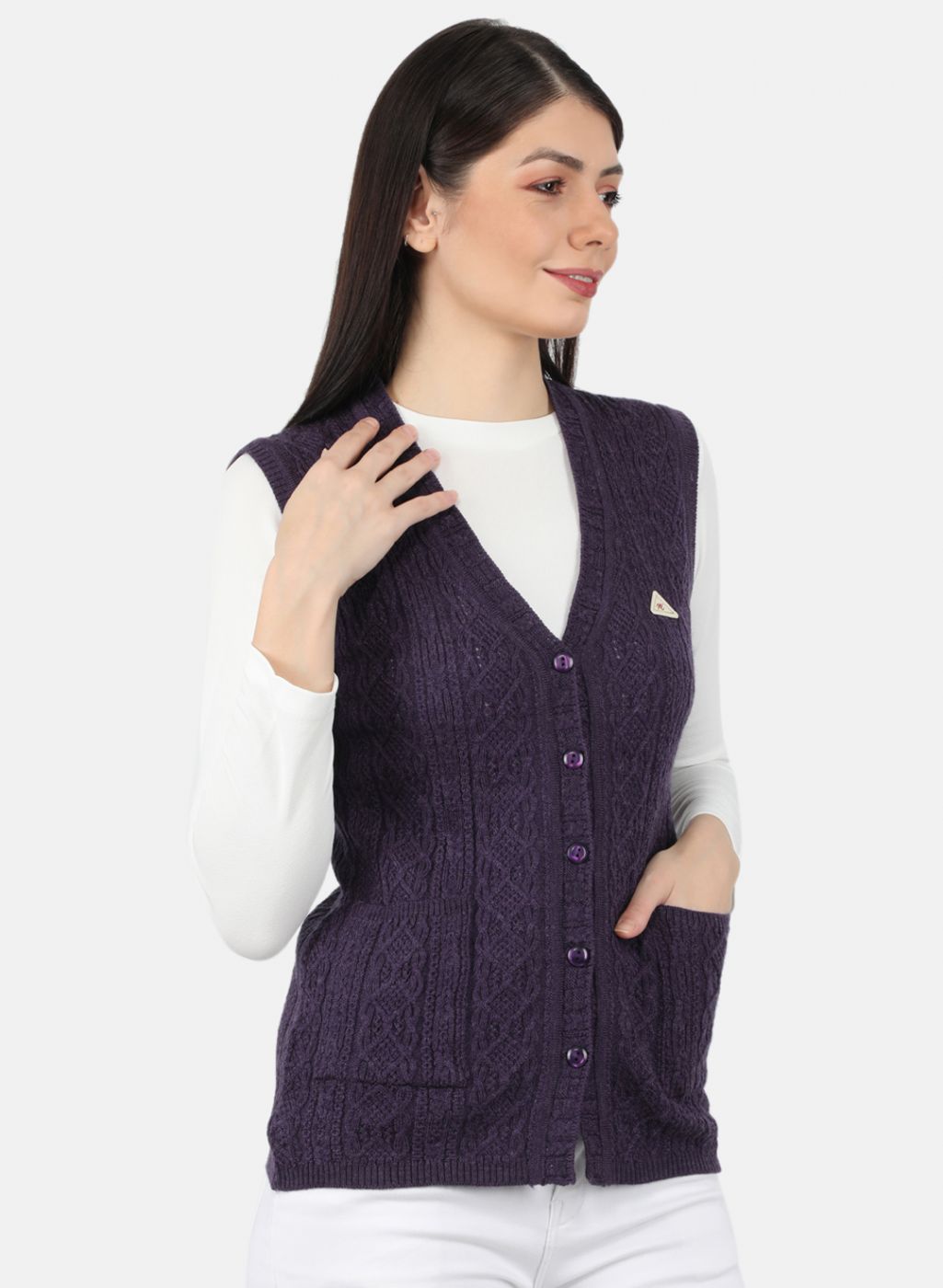 Women Purple Self Design Cardigan