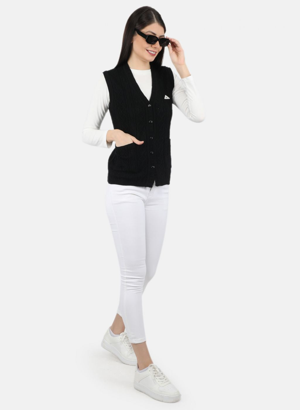 Women Black Self Design Cardigan