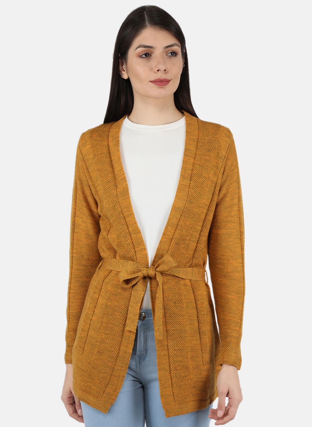 Women Yellow Self Design Cardigan