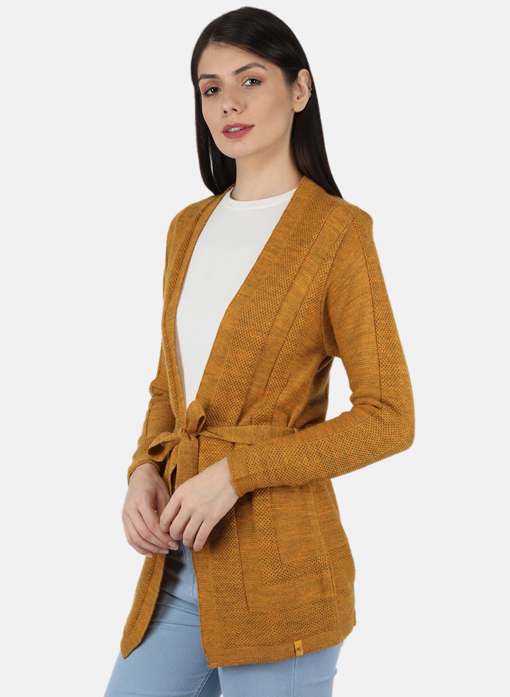 Women Yellow Self Design Cardigan