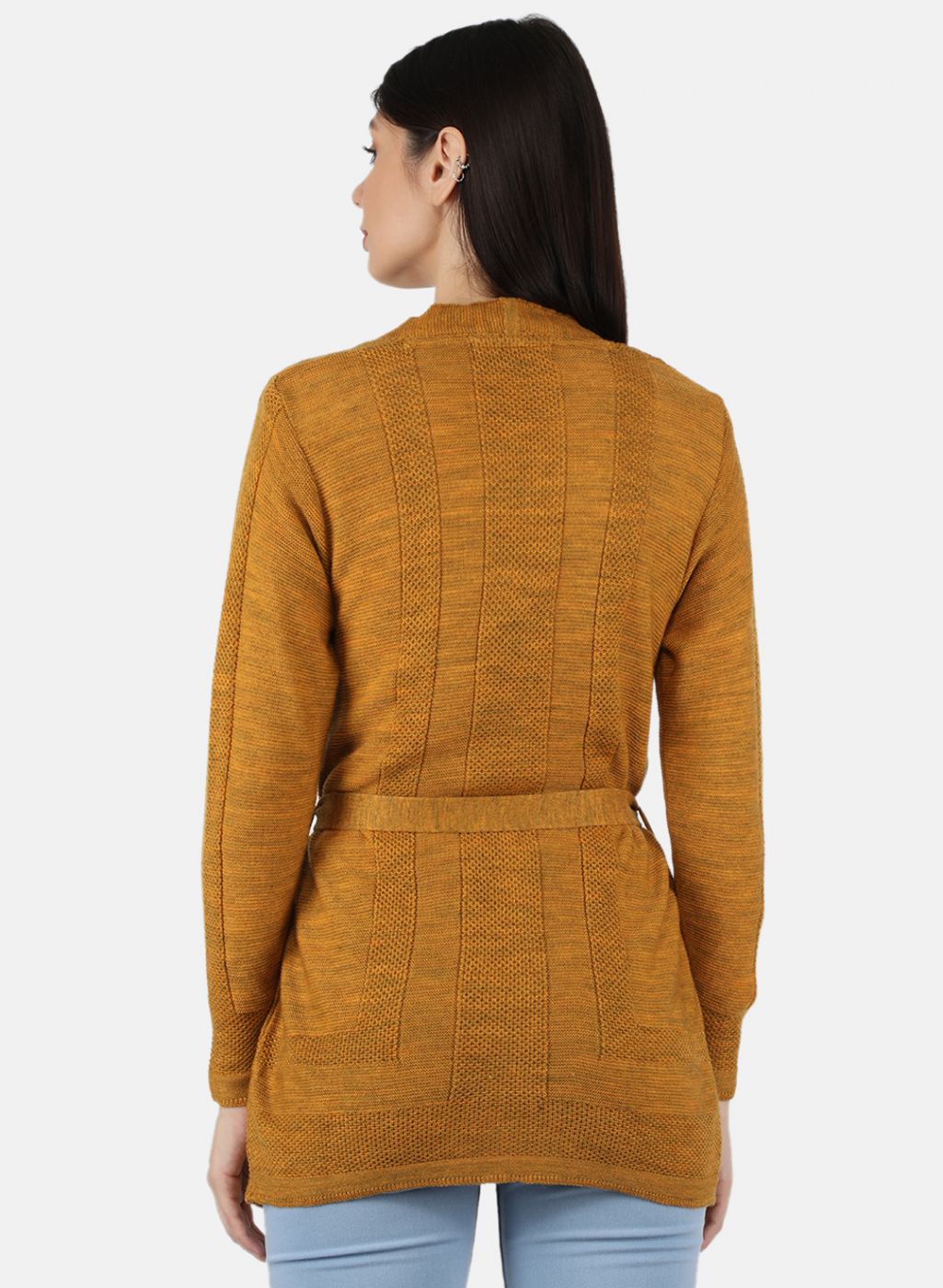 Women Yellow Self Design Cardigan