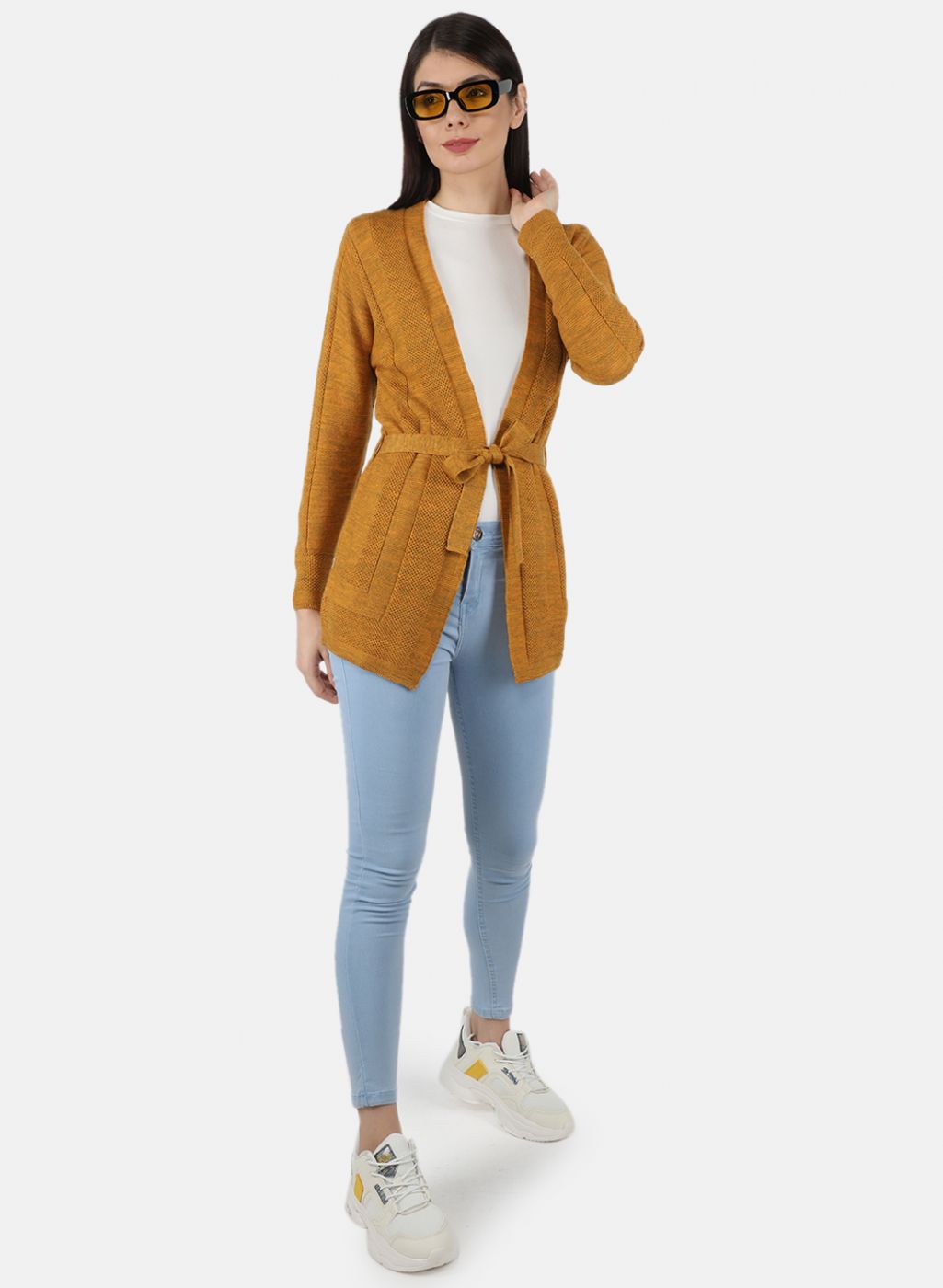 Women Yellow Self Design Cardigan