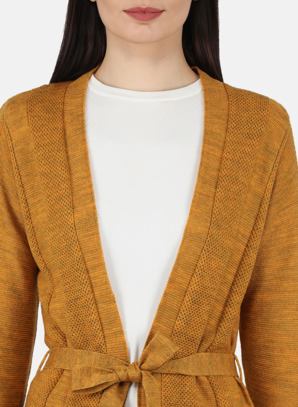 Women Yellow Self Design Cardigan