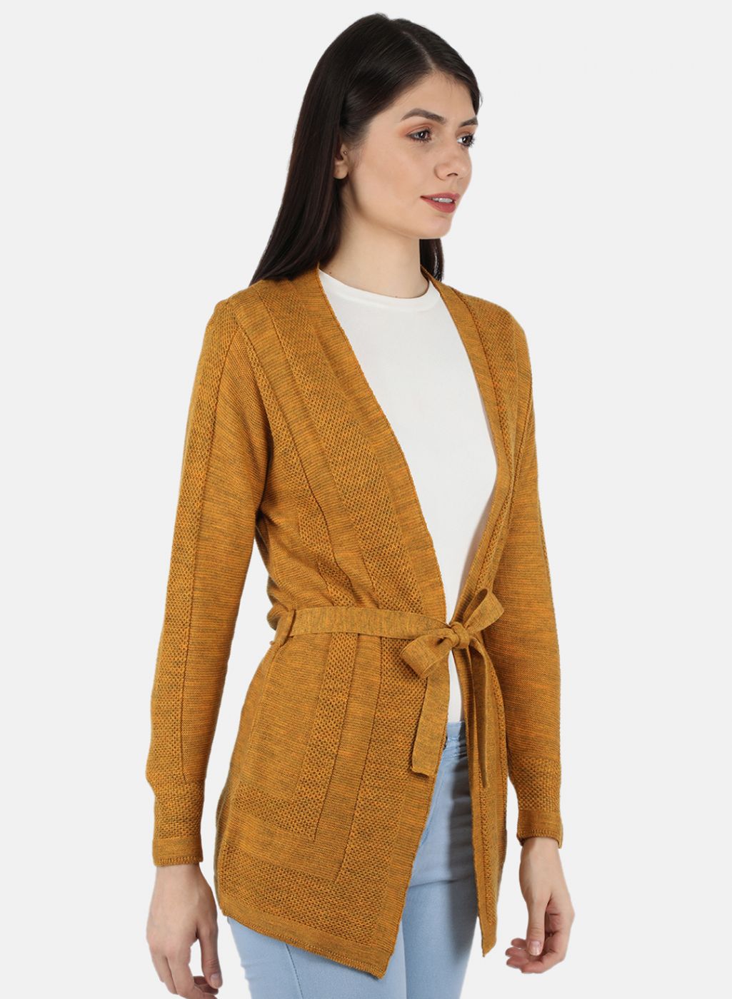 Women Yellow Self Design Cardigan