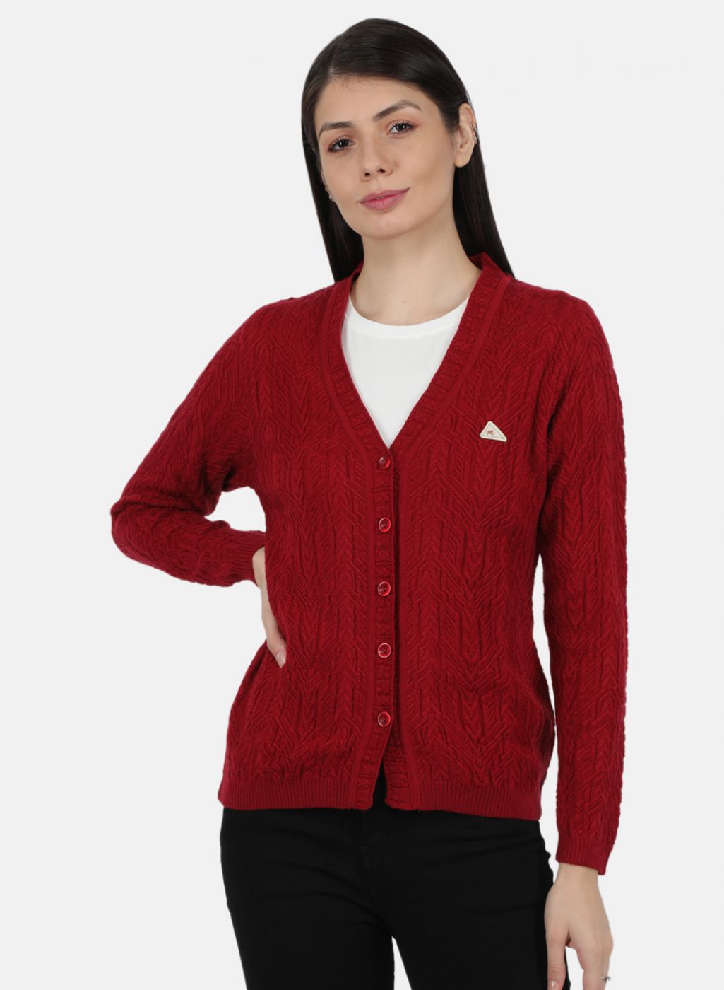 Women Maroon Self Design Cardigan