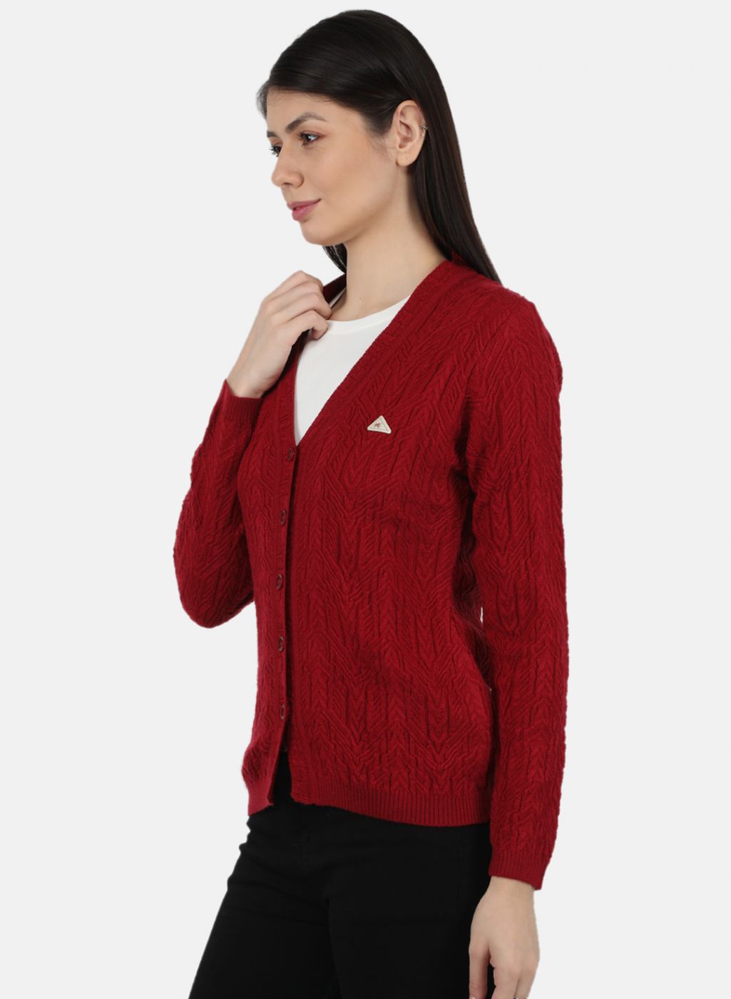 Women Maroon Self Design Cardigan