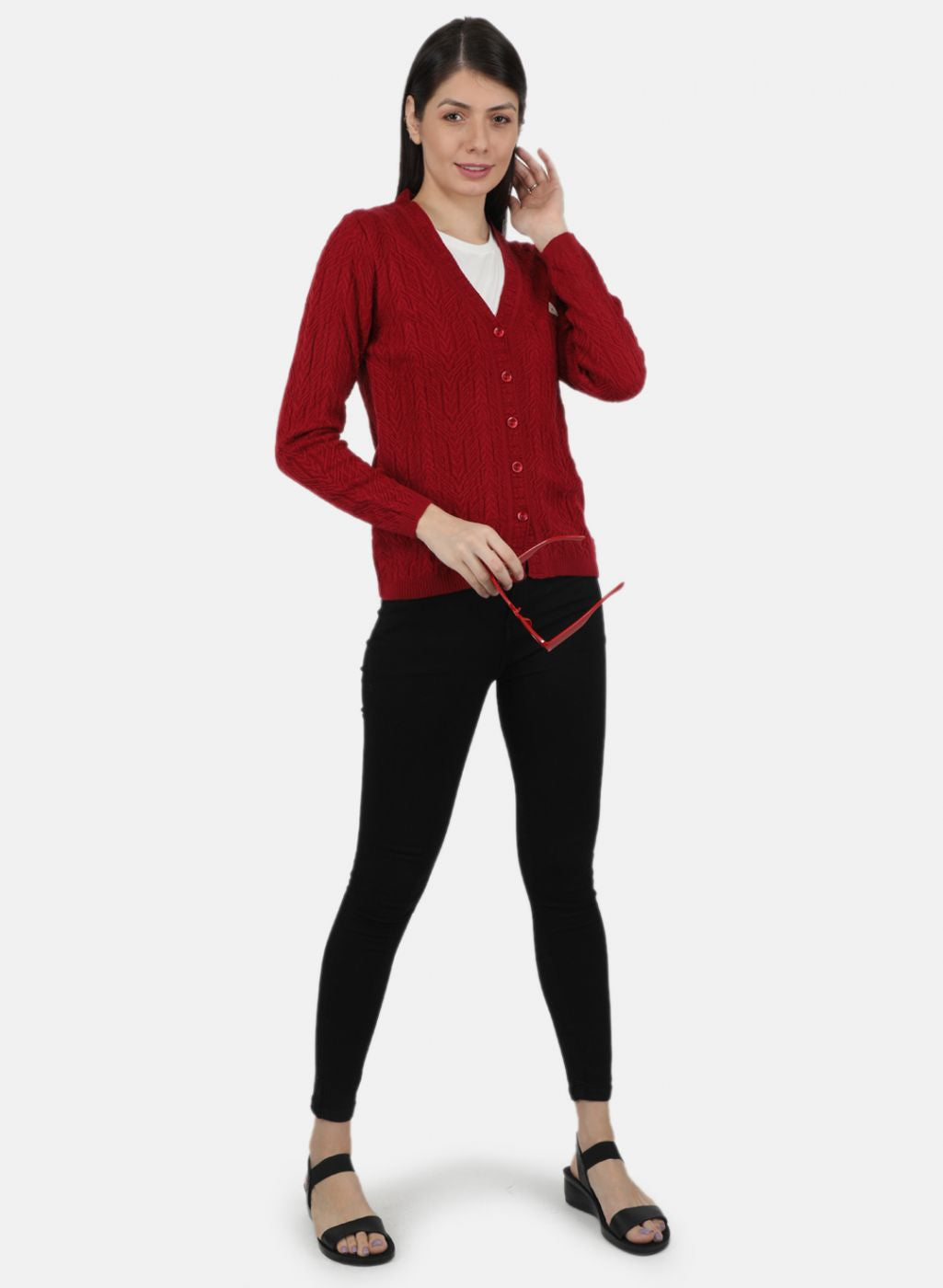 Women Maroon Self Design Cardigan