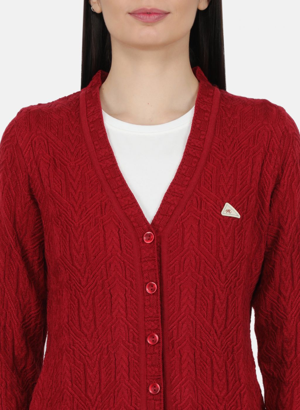 Women Maroon Self Design Cardigan