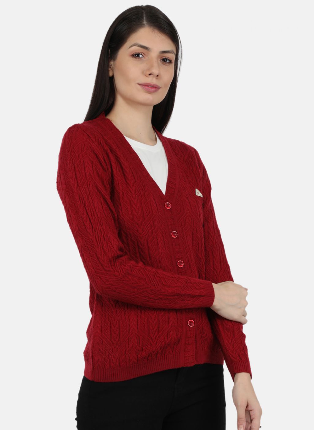 Women Maroon Self Design Cardigan