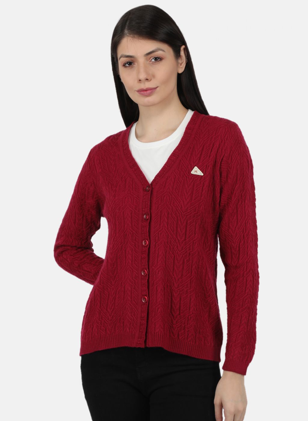 Women Dark Pink Self Design Cardigan