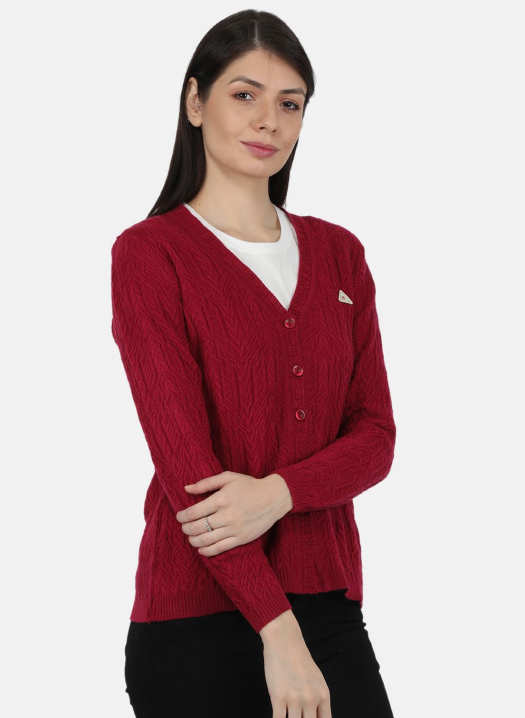 Women Dark Pink Self Design Cardigan