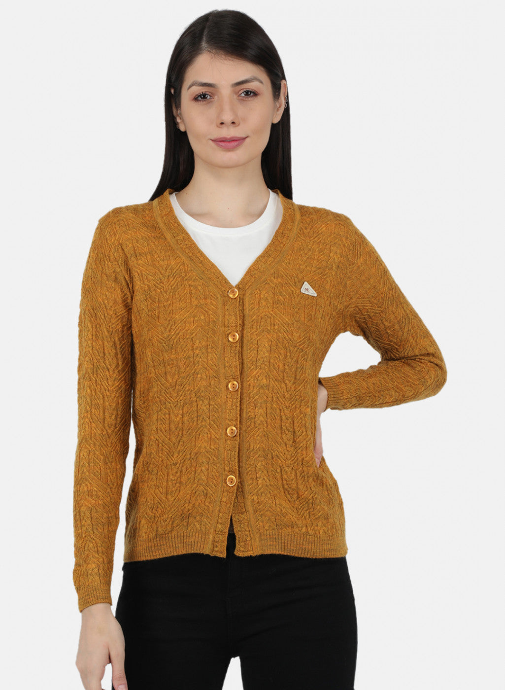 Women Yellow Self Design Cardigan