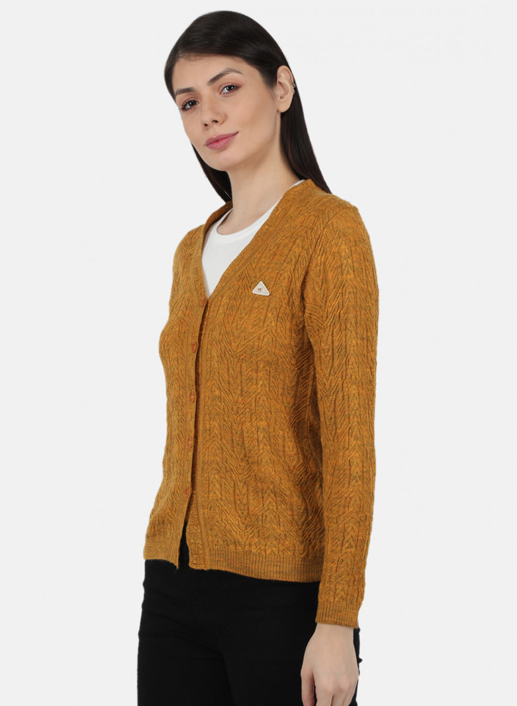 Women Yellow Self Design Cardigan