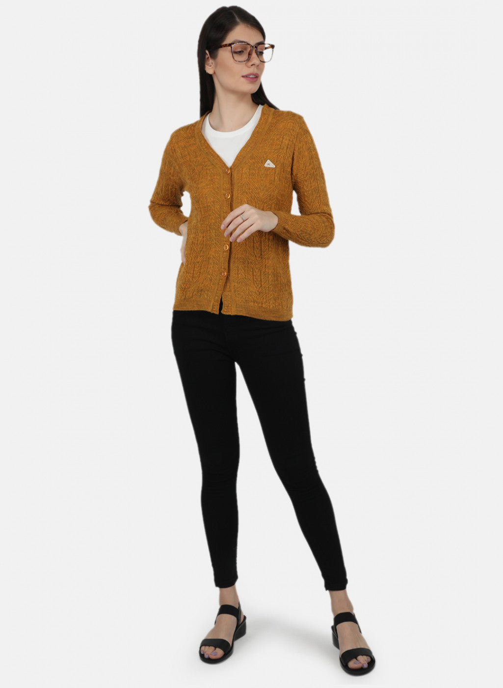 Women Yellow Self Design Cardigan