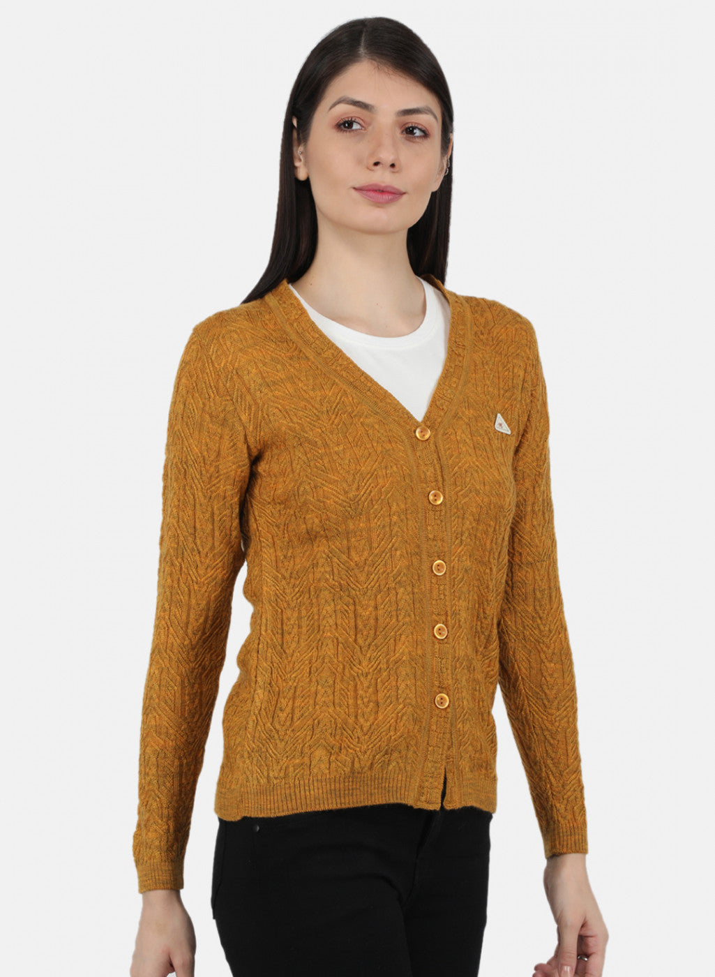 Women Yellow Self Design Cardigan