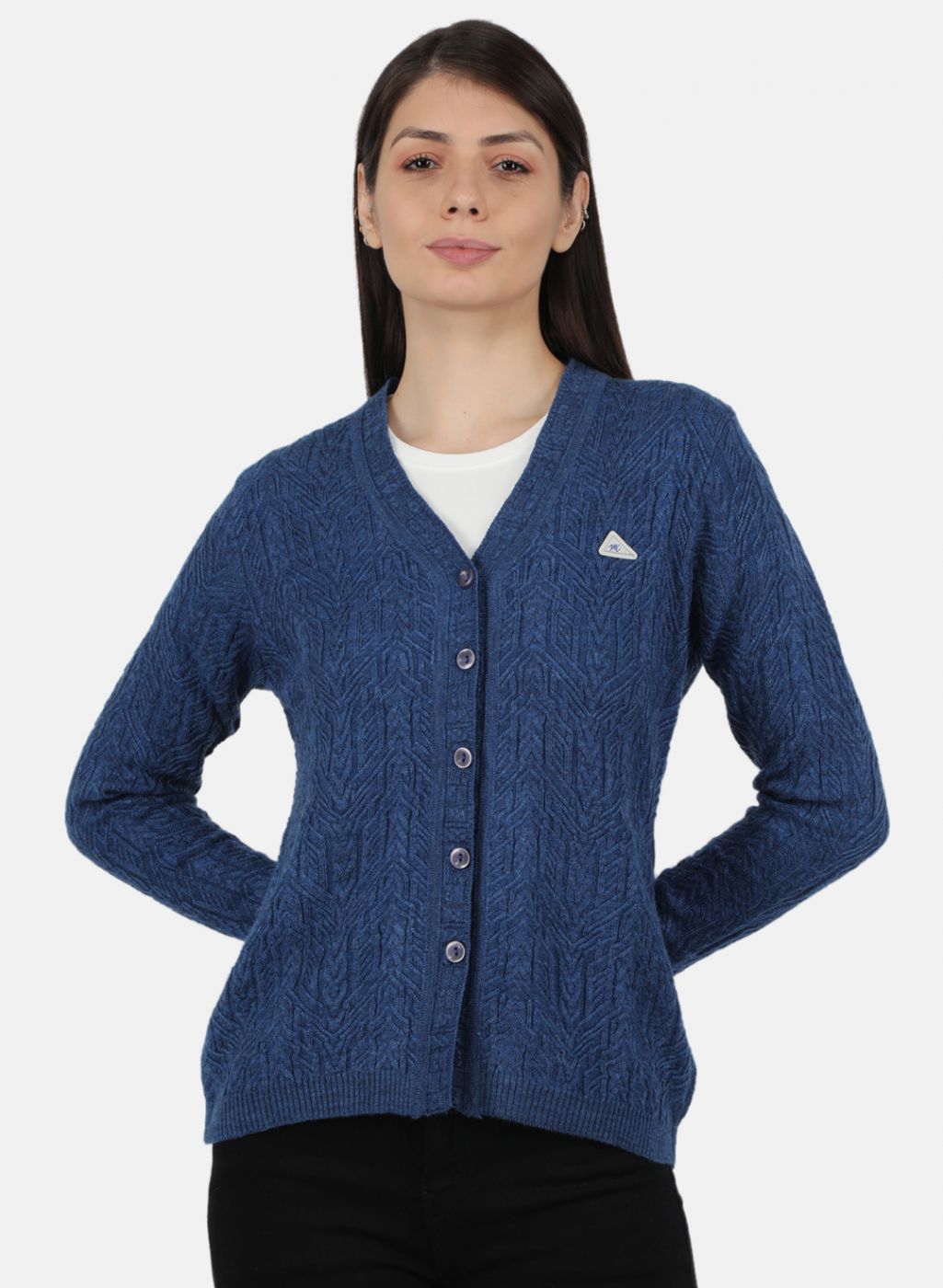 Women Blue Self Design Cardigan